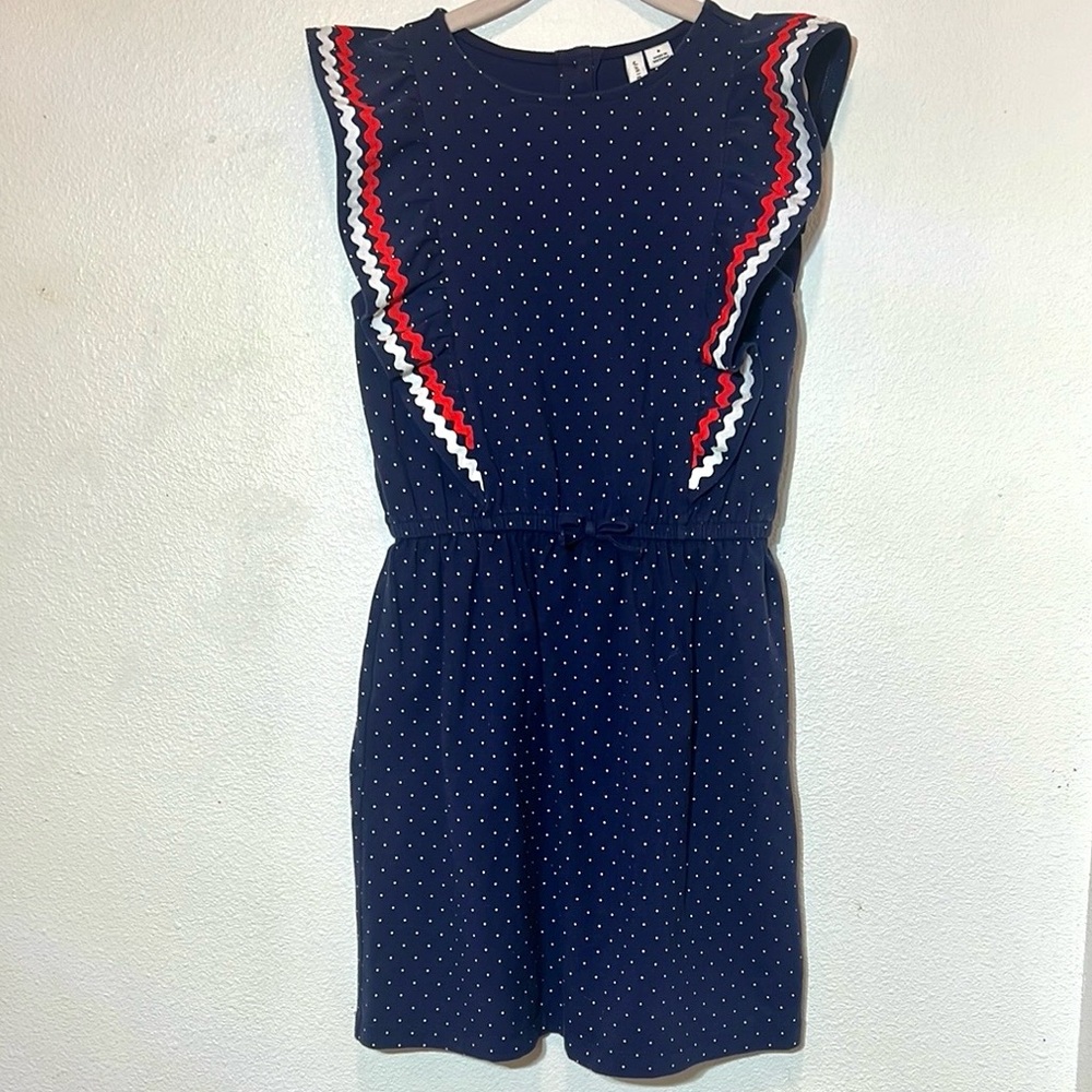 Janie and Jack Navy Blue Polka Dot Dress with Red & White Trim